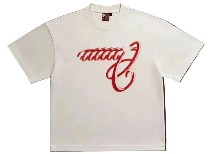 A white short-sleeve crewneck t-shirt featuring a red embroidered script logo on the chest, displayed flat against a solid dark red background.