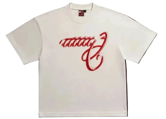 A white short-sleeve crewneck t-shirt featuring a red embroidered script logo on the chest, displayed flat against a solid dark red background.